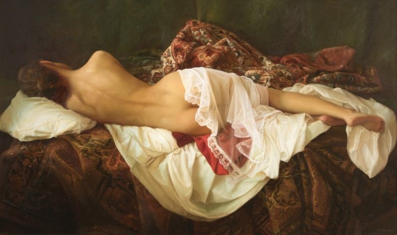 Sergei Marshennikov (1971-* Russian): ''Velvet Dream'', reclining nude, signed lower right: S. Marshen., signed again and dated verso: 2008, title from Hallmark Galleries, La Jolla, CA, oil on canvas, 24'' H x 40'' W, est: $10,000/15,000 