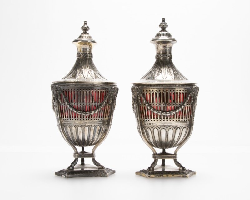 A near pair of sterling silver lidded table urns (1 of 3)