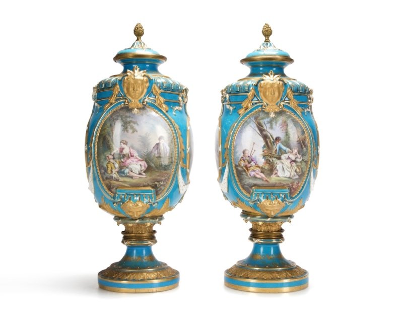 Pair of Sevres bleu celeste porcelain lidded urns (1 of 5)