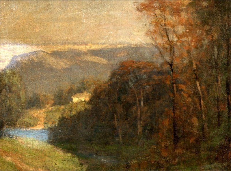 Franz Biberstein (1850-1930 Milwaukee, WI): House in a tree-filled valley, signed and indistinctly inscribed verso: Franz Biberstein, oil on board, 10'' H x 13.5'' W, est: $300/500 Provenance: Private Collection, Ventura, CA