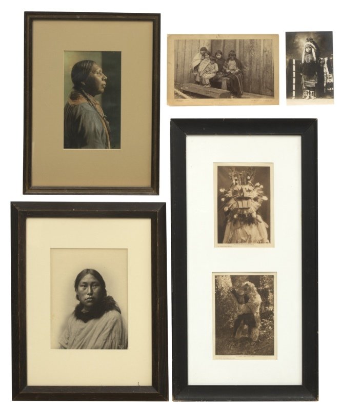 Five Pacific Northwest and Southwest Indian portraits,: Edward S. Curtis (1868-1952 Los Angeles, CA), ''A Cowichan Mask'' and ''The Bear Costume - Nootka'', two photogravures framed together under glass, the first: printed title and inscription in the lowe