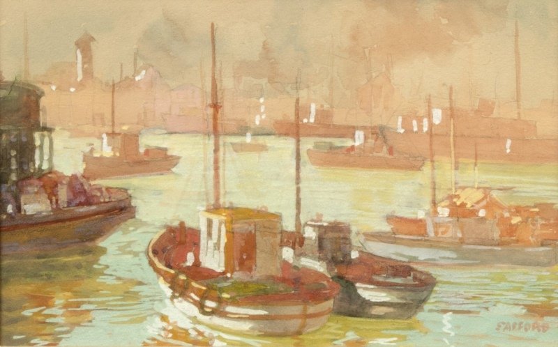 Helen Safford Smith (1871-1954 Balboa Island, CA): ''San Pedro Fish Harbor'', signed lower right: Safford, titled by repute, watercolor on paper under glass, sight size: 8.5'' H x 13.5'' W, est: $300/500