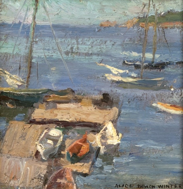 Alice Beach Winter (1877-1970 Gloucester, MA): ''Gloucester, Mass'', harbor with boats, signed lower right: Alice Beach Winter, titled verso, oil on board, 6'' H x 6'' W, est: $300/500