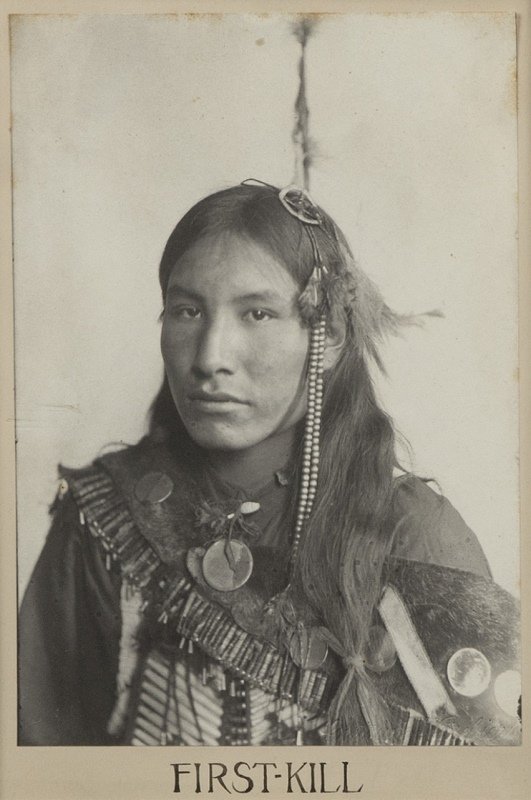 Gertrude Stanton Kasebier (1852-1934 New York, NY): ''First-Kill'', portrait of an Indian warrior, circa 1898, incised with blindstamp signature lower right: Gertrude Kasebier, titled in ink on the mount lower center, platinum print on paper under glas