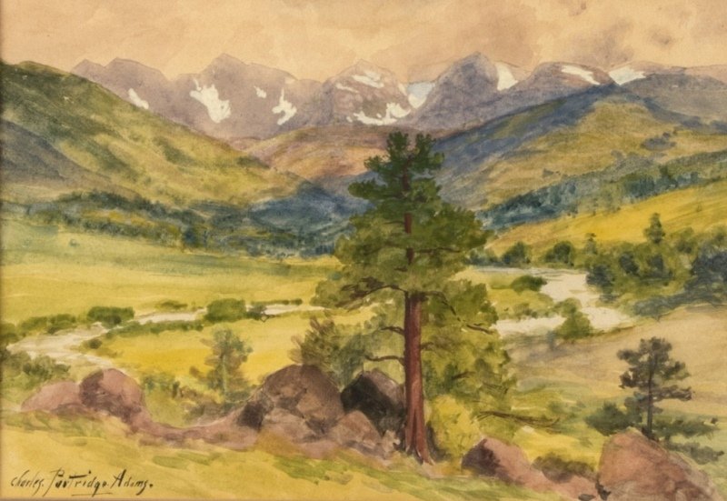 Charles Partridge Adams (1858-1942 Pasadena, CA): ''Range View from Prospect Mtns. Estes Park'', signed lower left: Charles Partridge Adams, titled on backing board, watercolor on tan paper laid to board under glass, sight size: 6.75'' H x 9.75'' W, 
