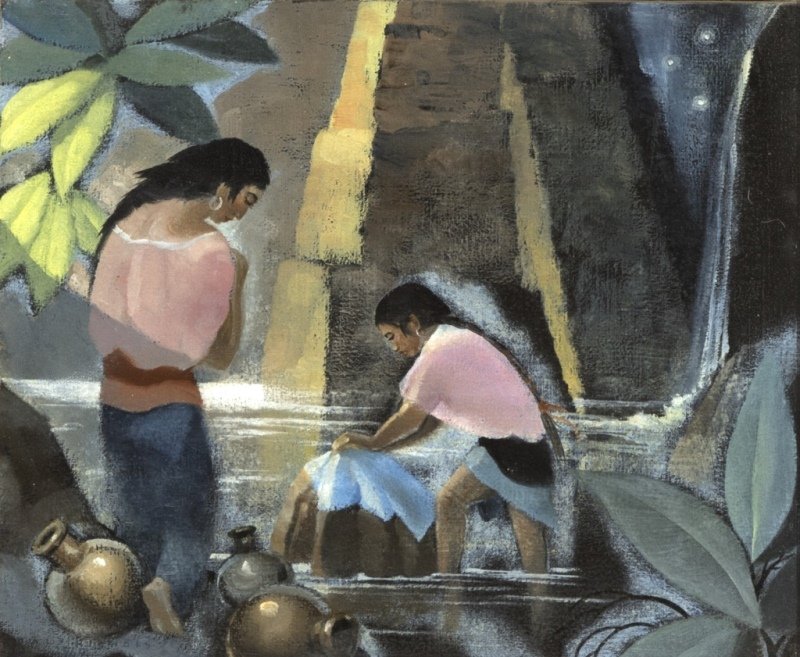 Dale Nichols (1904-1995 Chicago, IL): ''Children of Paradise'', mother and daughter doing laundry in a river, signed and dated lower left: Dale Nichols / 1969, signed again and titled verso, oil on canvas, 10'' H x 12'' W, est: $800/1200 