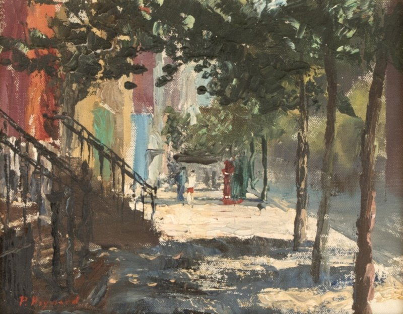 Peter Hayward (1905-1993 Hawaii): ''Village Afternoon, 12th Street'', signed lower left: P. Hayward, titled on the stretcher, oil on canvas, 8'' H x 10'' W, est: $400/600 Provenance: Private Collection, Ventura, CA