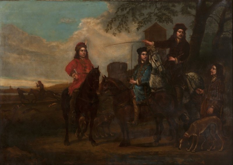 Late 18th Century Continental school: Hunting figural group, unsigned, canvas laid to canvas, 44'' H x 62'' W, est: $1000/2000 Provenance: Private Collection, Rancho Palos Verdes, CA