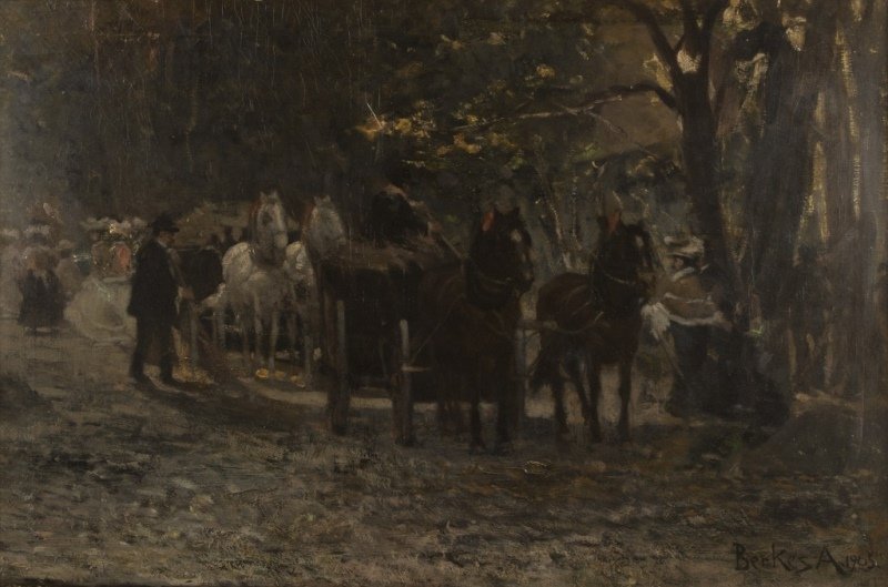 Antal Berkes (1874-1938 Hungarian): Horse carts with figures, signed and dated lower right: Berkes A / 1905, oil on canvas, 24'' H x 36'' W, est: $2000/3000
