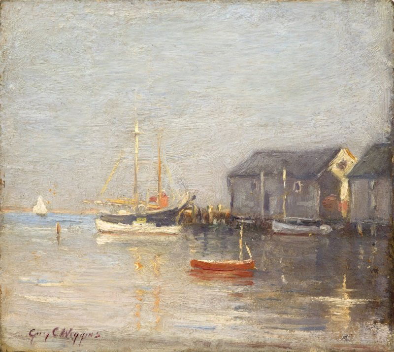 Guy Carleton Wiggins N.A. (1883-1962 New York, NY): Harbor scene with boats, signed lower left: Guy C. Wiggins, oil on board under glass, 8'' H x 9'' W, est: $5000/7000 Provenance: Private Collection, Canada