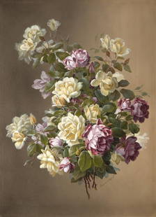 Raoul de Longpre (1843-1911 French): Still life with roses, signed lower right: Raoul M. de Longpre, fils, mixed media on paper laid to board under Plexiglas, sight size: 27'' H x 19.5'' W, est: $3000/5000 Exhibited: The Irvine Museum, I