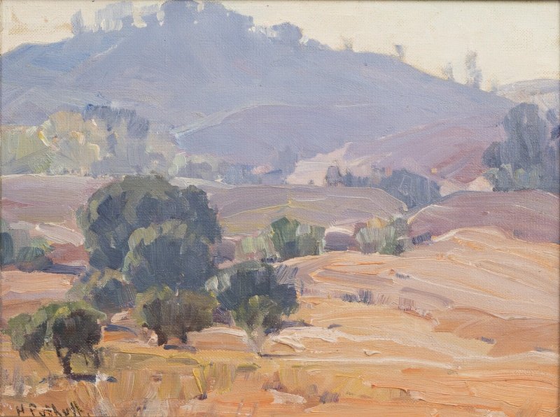 Hanson Duvall Puthuff (1875-1972 Corona Del Mar, CA): Trees in a rolling hill landscape, circa 1920, signed lower left: H. Puthuff, oil on masonite, 12'' H x 16'' W, est: $4000/6000 Provenance: Estate of Cameron H. Duncan, Burbank, CA