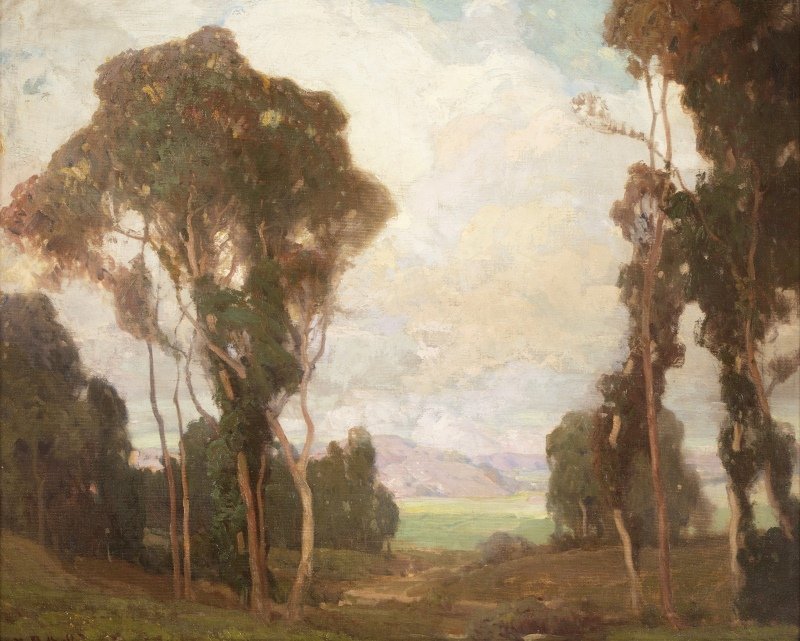 Hanson Duvall Puthuff (1875-1972 Corona Del Mar, CA): ''Borderland'', atmospheric landscape, signed lower left: H. Puthuff, signed again, titled, inscribed and dated on the original canvas verso, visible prior to lining: H. Puthuff / To S. Henuir / May 2