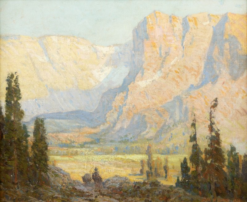 Jack Wilkinson Smith (1873-1949 Alhambra, CA): ''Tioga Pass, High Sierra'', signed and dated lower right: Jack W. Smith / 1920, titled and inscribed verso: Sid Kenner, his picture, oil on canvas, 18'' H x 22'' W, est: $15,000/20,000 Provenance: Es