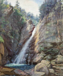 Arthur Merton Hazard (1872-1930 Los Angeles, CA): ''Lower Yosemite Falls'', Yosemite National Park, signed and dated lower right: Arthur M. Hazard / 22, titled on a gum label affixed to the stretcher, oil on canvas, 36'' H x 30'' W, est: $3000/5000 P