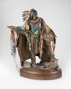 Dave McGary (1958-2013 Ruidoso, NM): ''Bounty of Gray Hawk'', polychromed bronze standing American Indian warrior, signed, dated, numbered and with the artist's thumbprint on the verso base: Dave McGary / 1997 / 11/30, 33'' H x 29'' W x