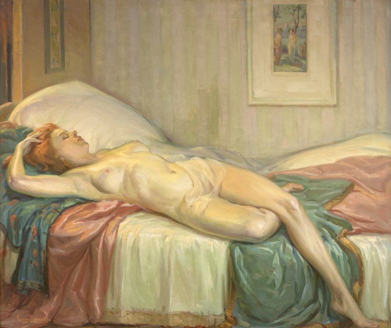 Christian Von Schneidau (1893-1976 Los Angeles, CA): ''Delighted'', reclining nude in an interior, signed lower left: C. von Schneidau, titled and numbered verso (visible in a photograph affixed verso of the original canvas prior to lining): P. 1103, oi