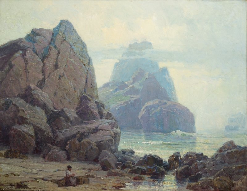 Jack Wilkinson Smith (1873-1949 Alhambra, CA): ''Oregon's Gray Coast'', rocky coastal with figure, signed lower left: Jack Wilkinson Smith, signed again and titled on the original canvas (no longer visible after lining), oil on canvas laid to waxe