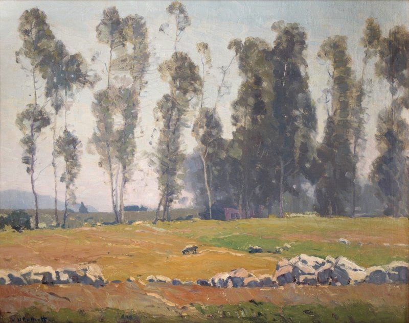 Hanson Duvall Puthuff (1875-1972 Corona Del Mar, CA): ''Trees Athwart the Bay'', signed lower left: H. Puthuff, signed again and titled verso, oil on canvas, 24'' H x 30'' W, est: $8000/12,000 Provenance: Estate of the artist; by descent in the artist's