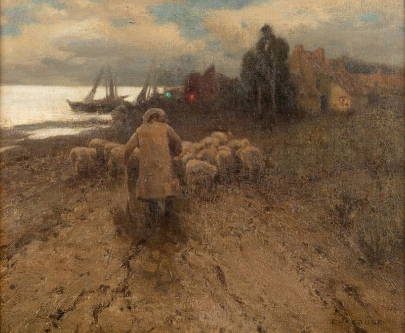 Eanger Irving Couse (1866-1936 Taos, NM): Shepherd with his flock at Pas de Calais, France, signed lower right: E. I. Couse, oil on canvas laid to masonite, 20'' H x 24'' W, est: $10,000/15,000 Provenance: The artist; Mr. Seely, manager of th