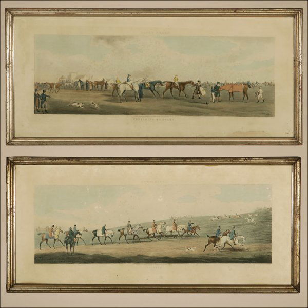 A PAIR OF PRINTS AFTER HENRY THOMAS ALKEN: One Titled "Ascot Heath (Preparing to Start)", the other "Newmarket (Training)"; hand-colored engravings on paper; published by Arthur Ackerman, Eclipse Sporting Gallery, London; image sizes: 8.5" x 2