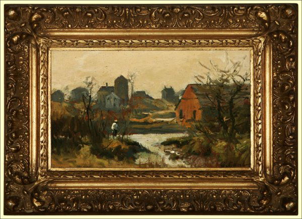 Gilbert Gaul (1855-1919): ''Autumn Farm with Creek'', signed lower right: G. Gaul, oil on wood panel, 5.5x9, est:$4000/6000. Provenance: Private collection, San Diego, CA