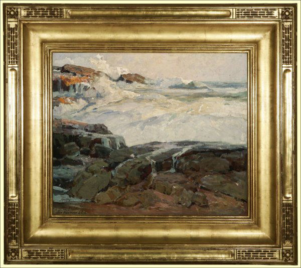 Jack Wilkinson Smith (1873-1949): coastal - crashing waves on rocks, signed lower left: Jack Wilkinson Smith, oil on canvas laid to canvas, 20x24, est:$17,000/20,000.