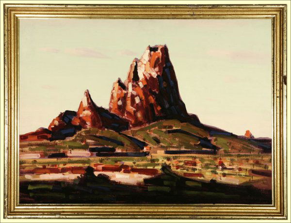 Conrad Buff (1886-1975): ''Desert Butte'', atmospheric landscape, estate stamped lower right: Conrad Buff (Estate certification stamped verso), oil on board, 19x26, est:$5000/7000. Note: Illustrated in: Will South, THE ART AN