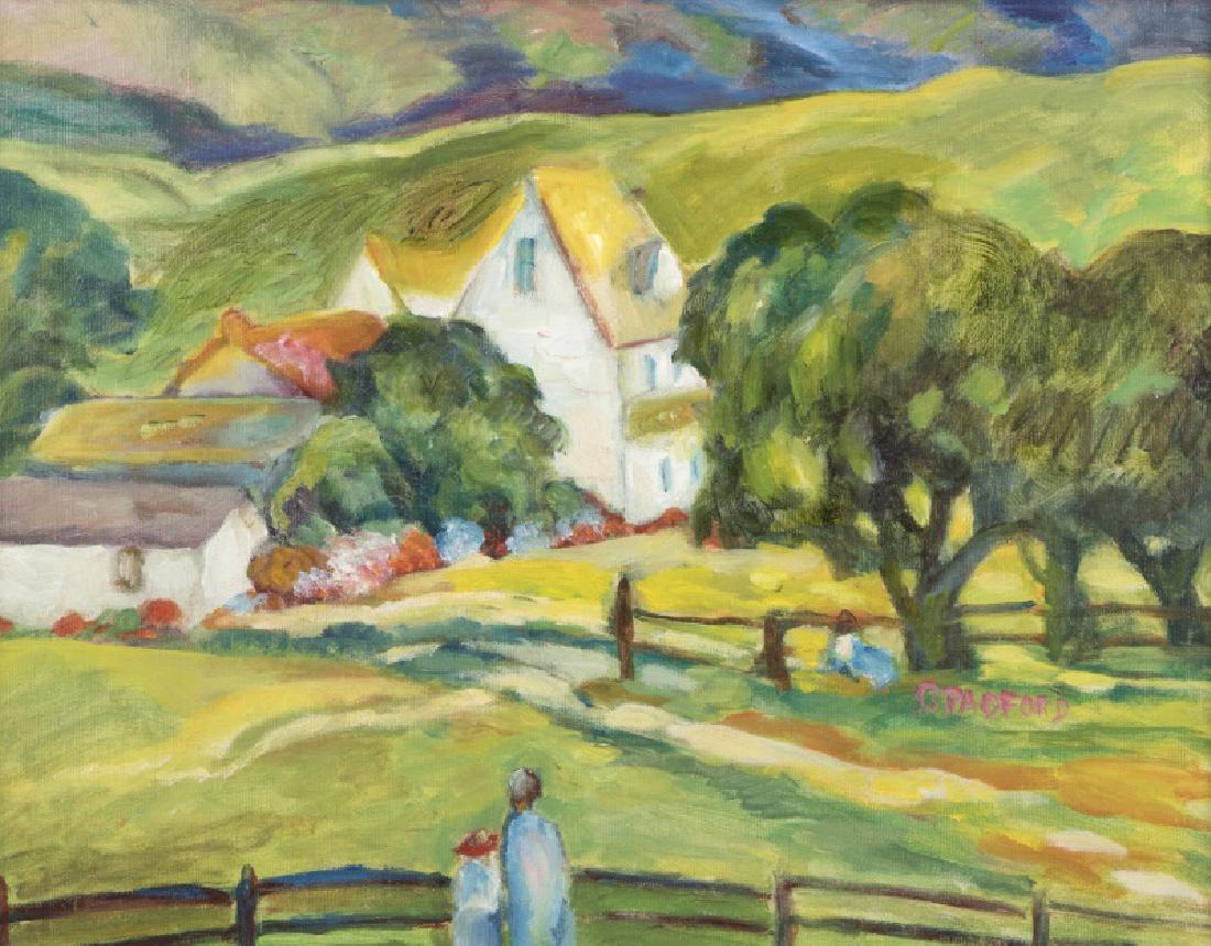 Jane Bradford (1923-2013 California): ''Carmel Valley Farm'', signed lower right: Bradford, signed again, titled and dated on a gum label affixed to the stretcher: 1978, oil on canvas, 14'' H x 18'' W, est: $300/500 Provenance: Private Co