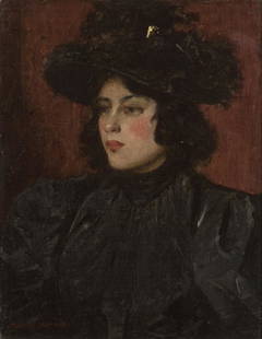 Joseph DeCamp (1858-1923 Boston, MA): ''Lady in a Black Hat'', portrait, signed and dated lower left: Joseph - De - Camp - 1910, titled on a gallery label affixed verso, oil on canvas laid to canvas, 14'' H x 11'' W, est: $3000/5000 Prove