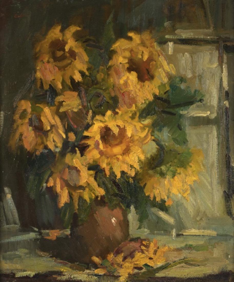 Maria del Carmen Calvo (20th/21st Century- Capistrano: Still life with sunflowers, signed upper left: Calvo, signed again verso, oil on canvas, 36'' H x 30'' W, est: $500/700 Provenance: Private Collection, Los Angeles, CA