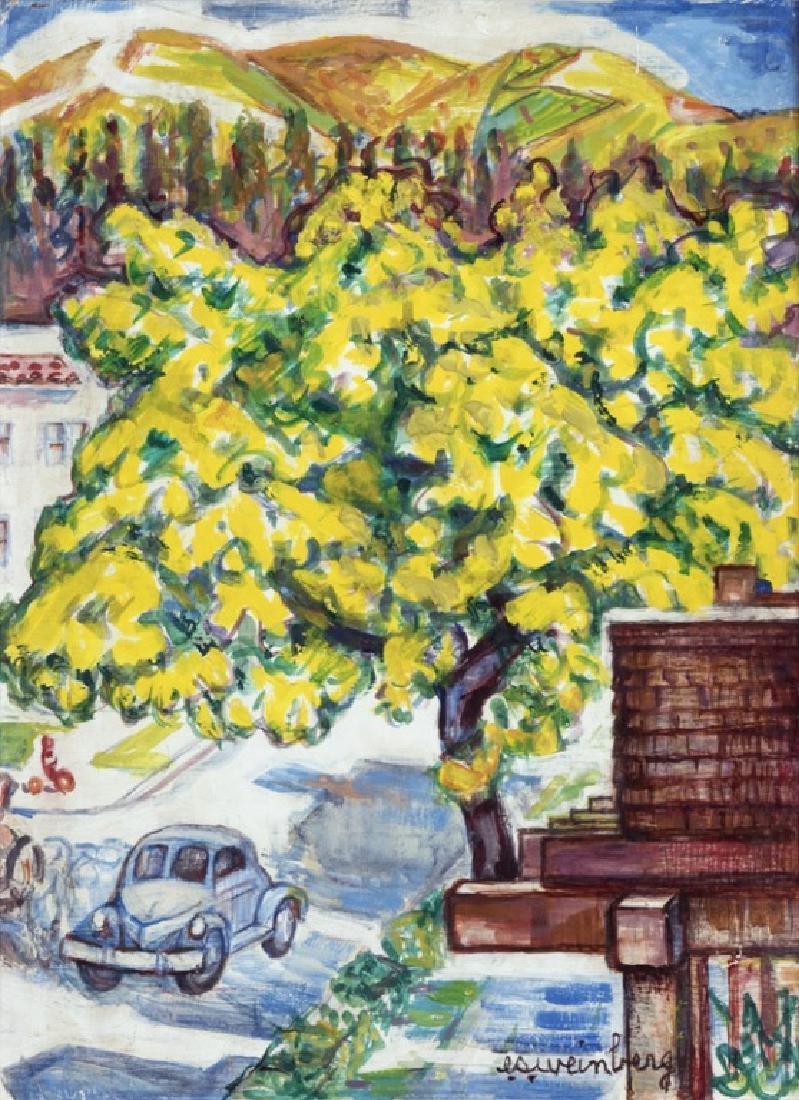 Emilie Sievert Weinberg (1882-1958 Piedmont, CA): ''From My Kitchen Window'', street scene, signed lower right: esweinberg, titled on a gum label affixed verso, oil on board, 16'' H x 12'' W, est: $300/500 Provenance: Private Collection, Bend, OR