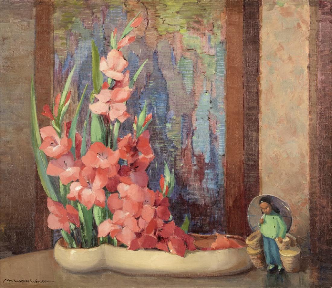 Nell Walker Warner (1891-1970 Carmel, CA): Gladiolus still life with figurine, signed lower left: Nell Walker Warner, oil on canvas, 26'' H x 30'' W, est: $600/900 Provenance: Private Collection, San Diego, CA