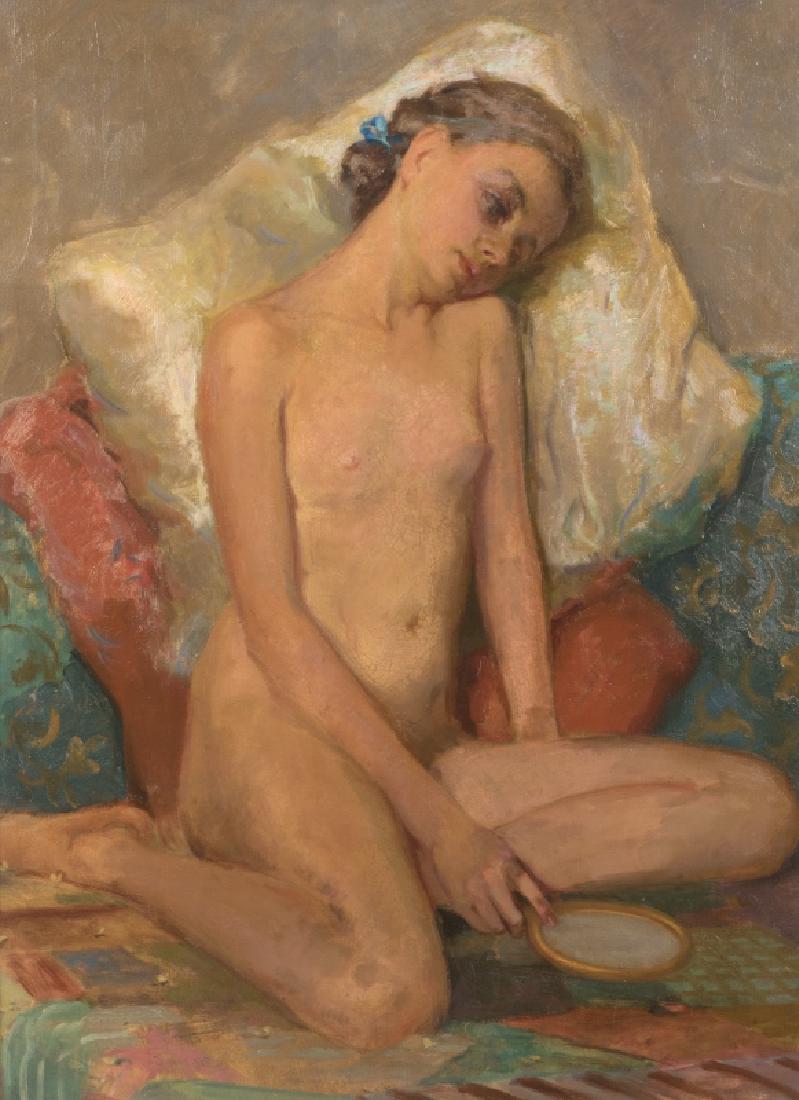 Charles J. Bensco (1894-1960 Phoenix, AZ): Reclining nude, signed lower left and upper left: Bensco, signed again verso, oil on canvas, 39.25'' H x 28'' W, est: $1000/1500 Provenance: The Goldfield Collection, Los Angeles, CA