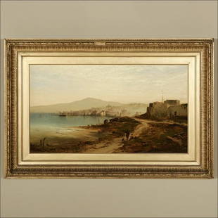 ALFRED W. WILLIAMS, LERWICK, SHETLAND ISLES: signed and dated lower right A. W. Williams (British 1824-1905), 1879, European coastal scene with ruins, titled on gum label verso, also inscribed Mr. John Lees, framed oil on canvas; image size, 15.