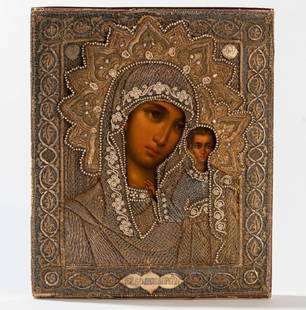 Kazan Mother of God Russian Icon, Faberge: Russian icon depicting the Kazan Mother of God painted in oil on a wood panel, encased in silver and embellished with seed pearls and metallic embroidery. This icon has with it a green presentation ca