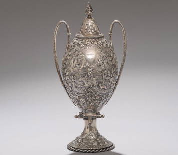 S. Kirk & Son Coin Silver Samovar Urn Ca 1890: An early coin silver samovar/hot water urn by S. Kirk & Son circa 1890. Encircled with floral repousse motif and an architectural scene depicted on the rear of the body with a crisp depiction of an Am