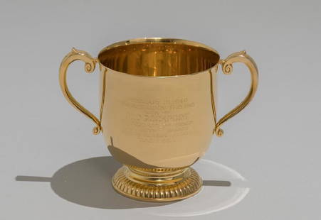 Solid 14K Gold Santa Anita Horse Racing Trophy 45 ozt: A solid 14k gold loving cup horse racing trophy. Inscribed: 'The Santa Anita Derby/Santa Anita Park/February 19, 1949/One Mile and One Furlong/Won By/Old Rockport/Clifford Mooers, Owner/Dick Watts, Tr