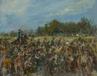 Lajos Markos (1917-1993), "Battle of San Jacinto", oil: Lajos Markos (1917-1993), "Battle of San Jacinto", oil on board, 15.5 x 20", frame: 21.5 x 25.5" A European, he was trained at the Royal Academy of Budapest. He came to the United States following Wor