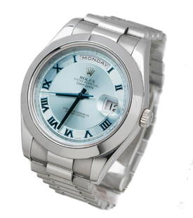 Rolex Day-Date II President Platinum Gent's Watch: Rolex Day-Date II President Platinum Gent's Watch, reference number: 218206, case: G696710, bracelet: 83216, ice blue glacier dial with Roman numerals, , calibre 3156 automatic self-winding movement,