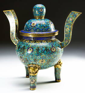 19th century cloisonne censer with gilding: 19th century cloisonne censer with gilding 13" tall by 12" wide