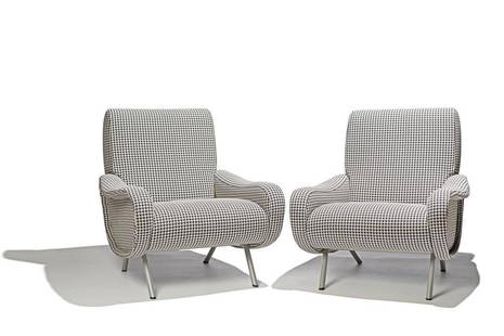 Pair of Marco Zanuso Contemporary Hounds-Tooth Chairs: Designer & Manufacturer: Marco Zanuso; Casina Pair of Lady chairs upholstered in black and white hounds-tooth check with chrome legs, 31.5 x 30 x 30" Condition: one leg previously broken From the Esta