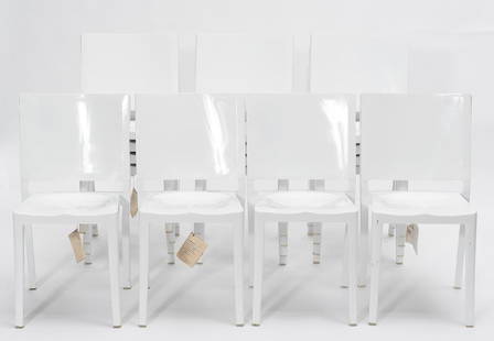 16 White Aluminum Chairs: Hudson by Philippe Starck: 16 white aluminum chairs, 17 x 18 x 32" each A set of sixteen brushed aluminium Hudson dining chairs designed by Philippe Starck for Emeco., stamped to the seat rail (6) Created in 2000 by Philippe St