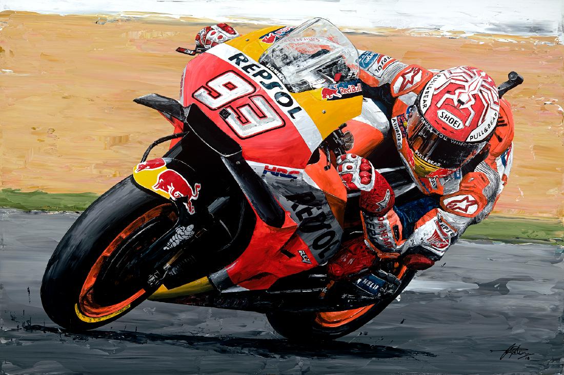 Marc Marquez. Artist Signed Limited Edition: Marc Marquez 2018 Moto GP World Champion. The print is from a limited run of just 150. Captured from a painting by motorsport artist David Johnson. Framed and mounted with a Certificate of Authenticit