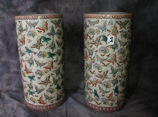 Pair Famille Rose Chinese Porcelain Umbrella Stand Qing: Superb Pair of Chinese famille rose porcelain umbrella stand decorated with butterflies. 18 1/4\" Qing Period . Museum Quality .