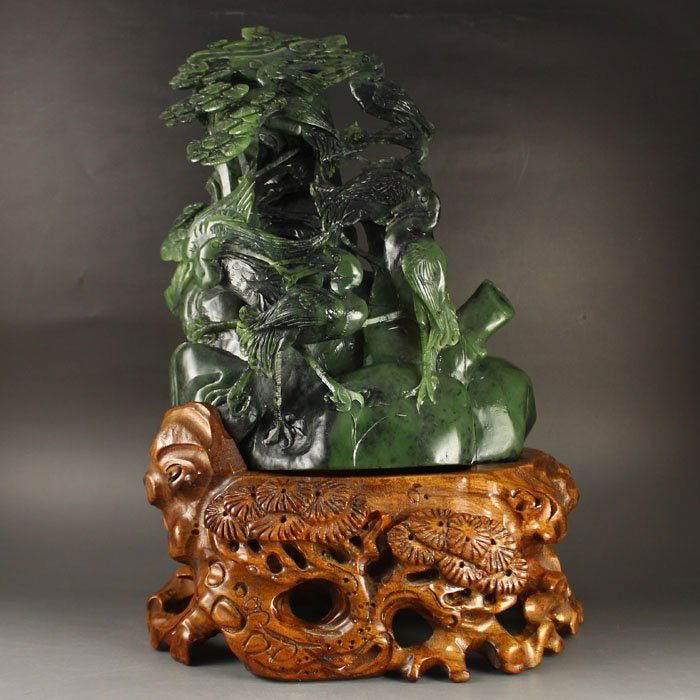 Amazing Chinese Green Jade Statue - Cranes & Pine Tree (1 of 7)