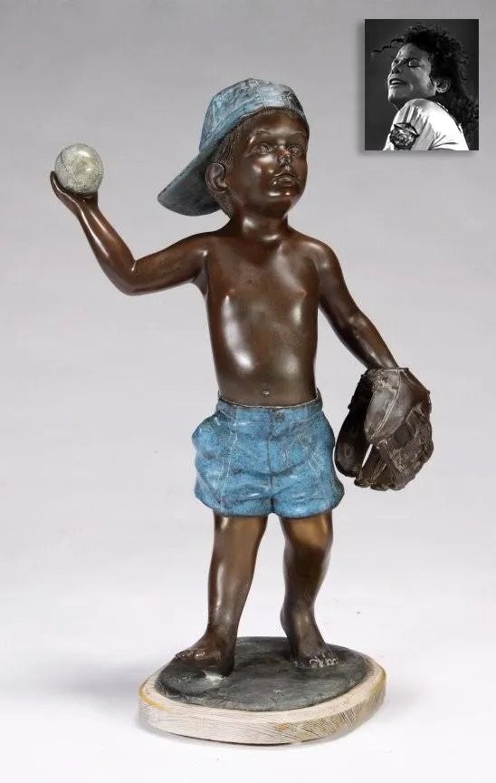 A Game of Catch, ex. Michael Jackson: A Game of Catch, Bronze, ex. Michael Jackson.David Ginzton, (American, 20th Century), 33" x 15" x 12" (84 x 38 x 32 cm), #71/80, bronze statue on a wood base with colored patination of a little boy ab