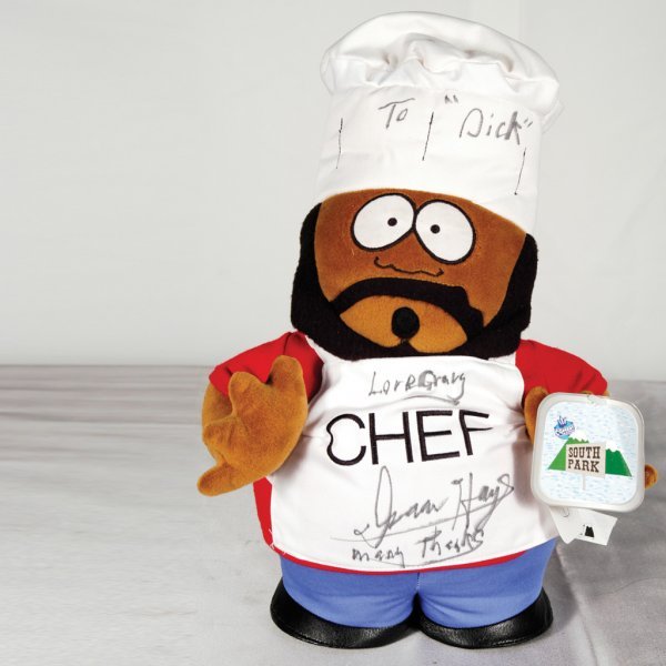 Isaac Hayes Signed South Park Chef Doll To Dick Clark: Very funny and one of a kind.The great comeback of Isaac Hayes in cartoon form was one the weirdest twists in recent pop culture history; the character of the Chef, voiced in the famously sexy bariton