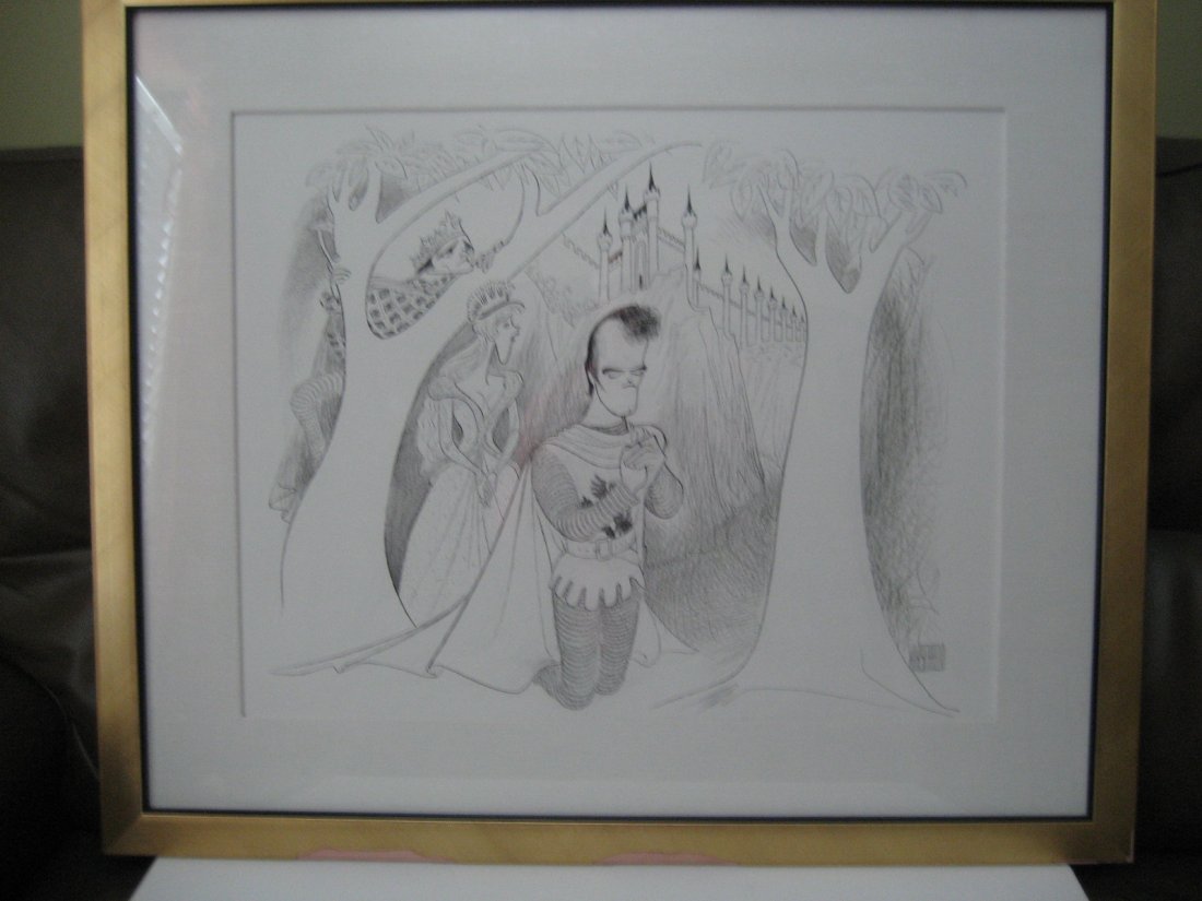Al Hirschfeld original Robert Goulet ( Camelot ) Ink.: One of a kind specially commissioned to the late Al Hirschfeld by Robert Goulet ( Actor and Opera signer ) original Pen and Ink drawing of Robert Goulet as a king Arthur in Camelot . Iconique Robert G