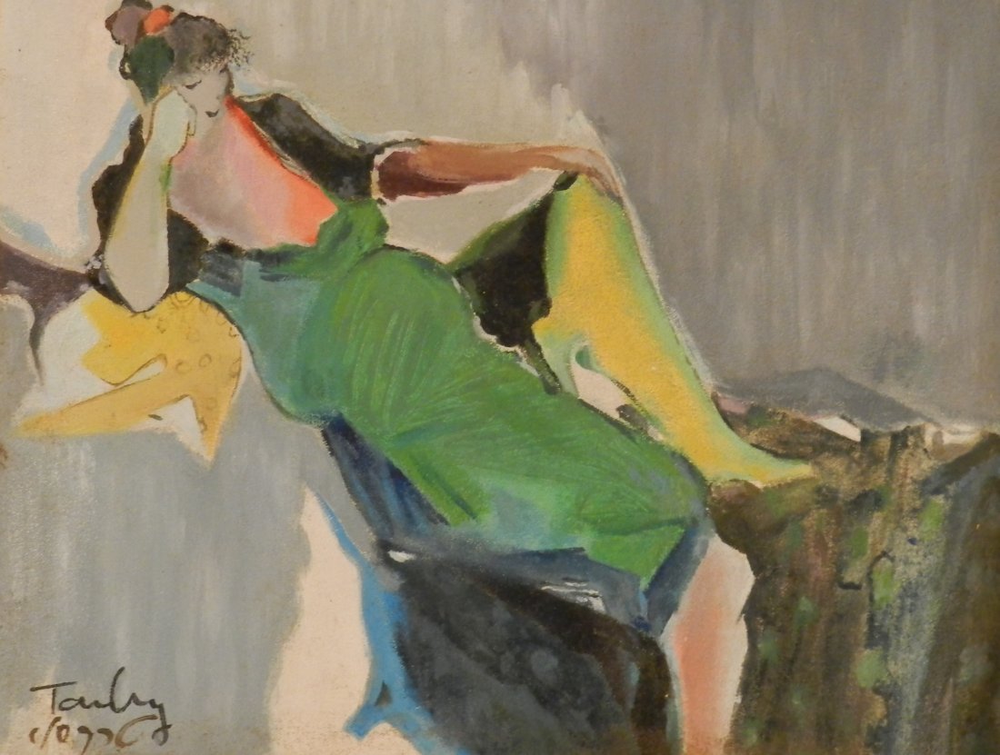 ITZCHAK TARKAY (1935-2012) Acrylic on canvas: Titled" Reclining Woman in Green Dress Medium: Oil and Acrylic on Canvas Signed lower left Size 13.8 x 17.7 inches Provenance: Purchased from Gliden's Arts in 2012 . Prior provenance: Dutch private co